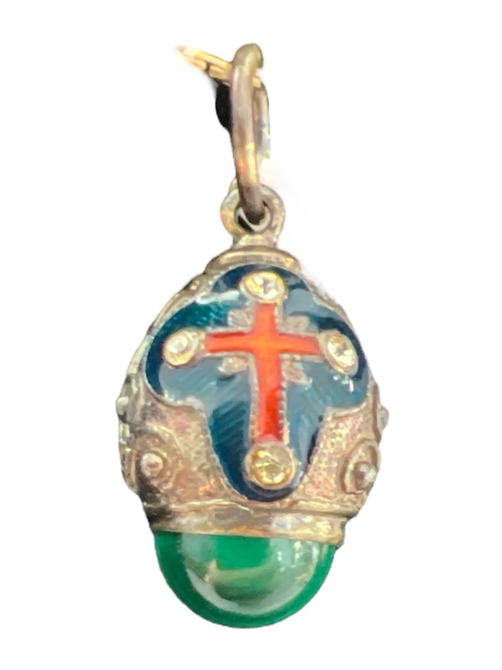 Enameled Egg Shape Cross Drop Pendant with Crystals